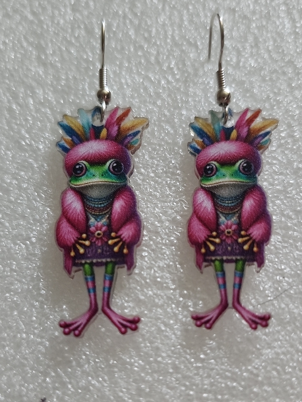 Hand Crafted Pink Frog Earrings with Rainbow Headdress